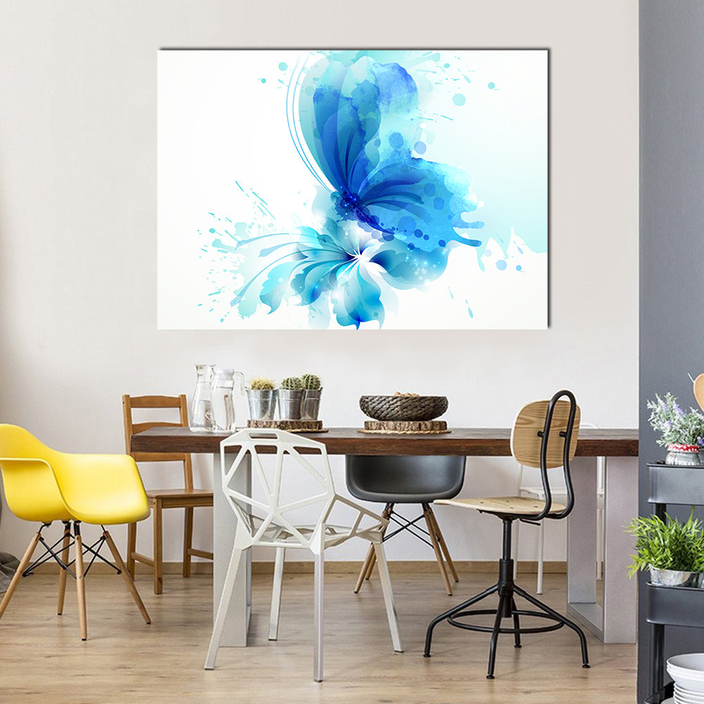 Translucent Blue Butterfly Abstract Canvas Wall Art in white and blue, single panel hung on a wall