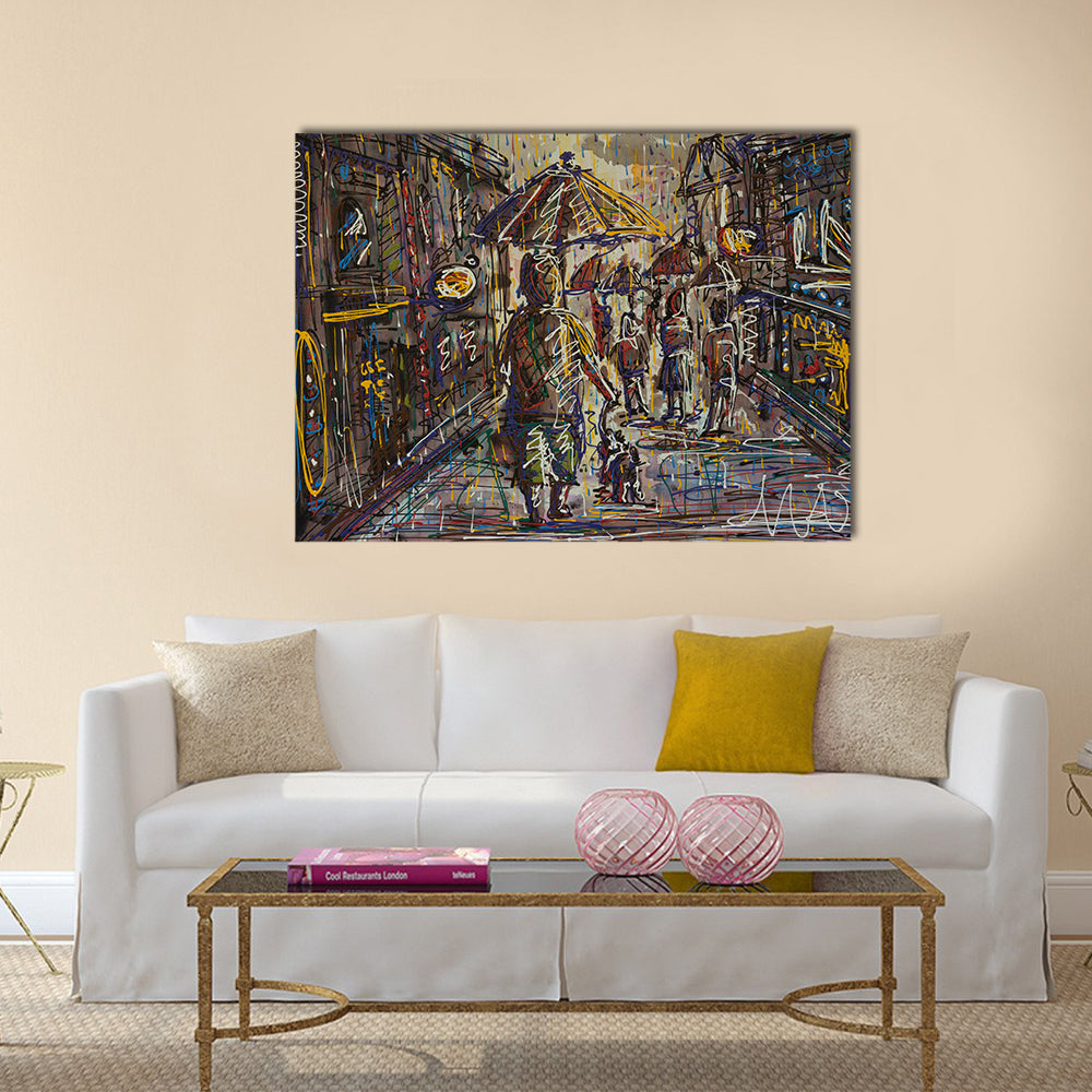 Rainy City Street with Umbrella Canvas Wall Art in black, gray and yellow, single panel hung on a wall