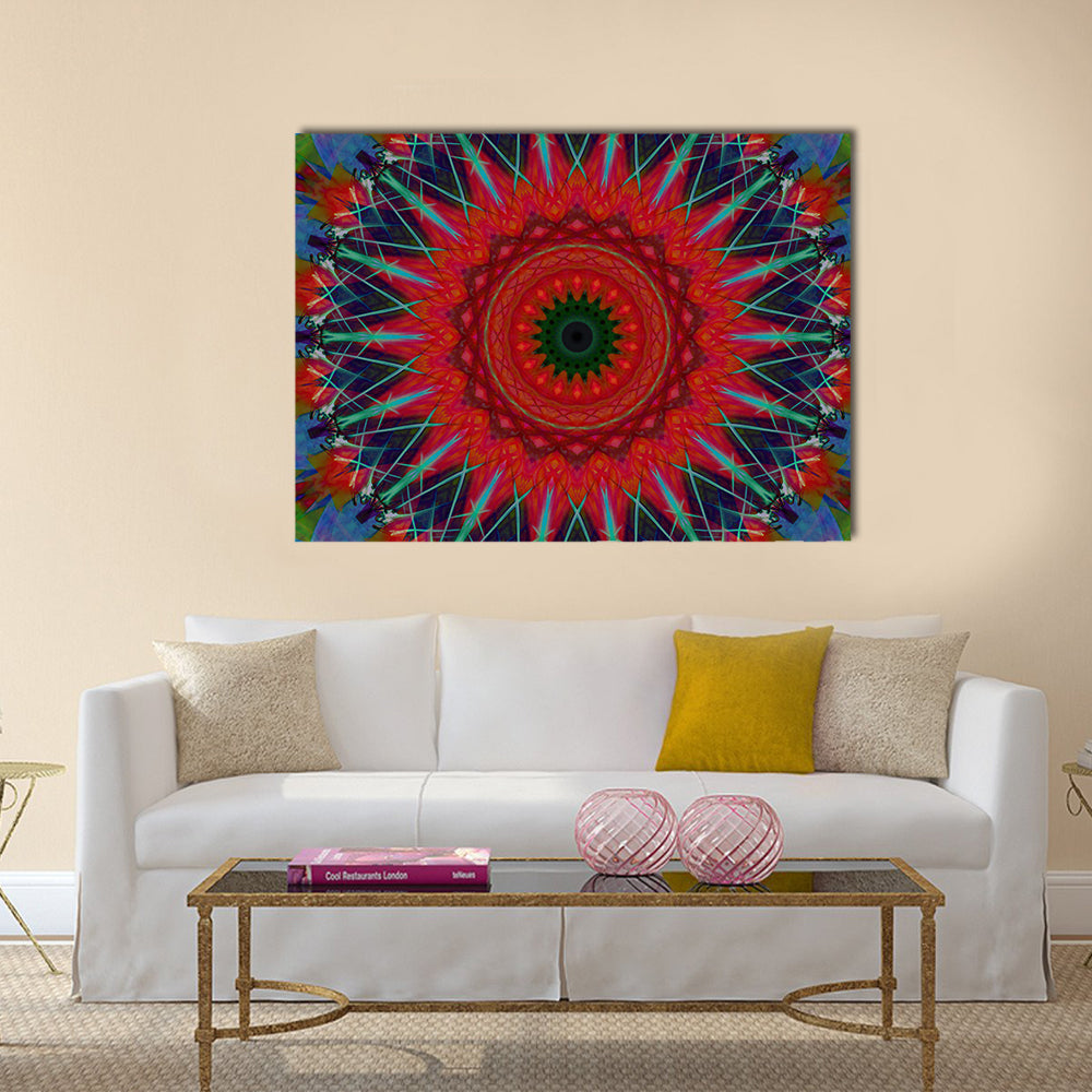 Lotus Blossom Mandala Canvas Wall Art in red, green and blue, single panel hung on a wall