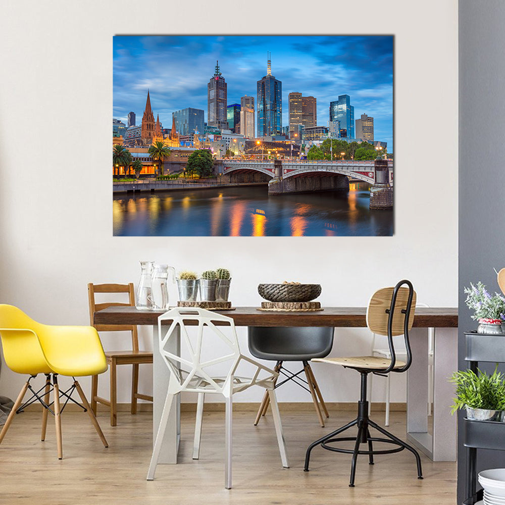 Melbourne During Twilight Blue Hour Canvas Wall Art