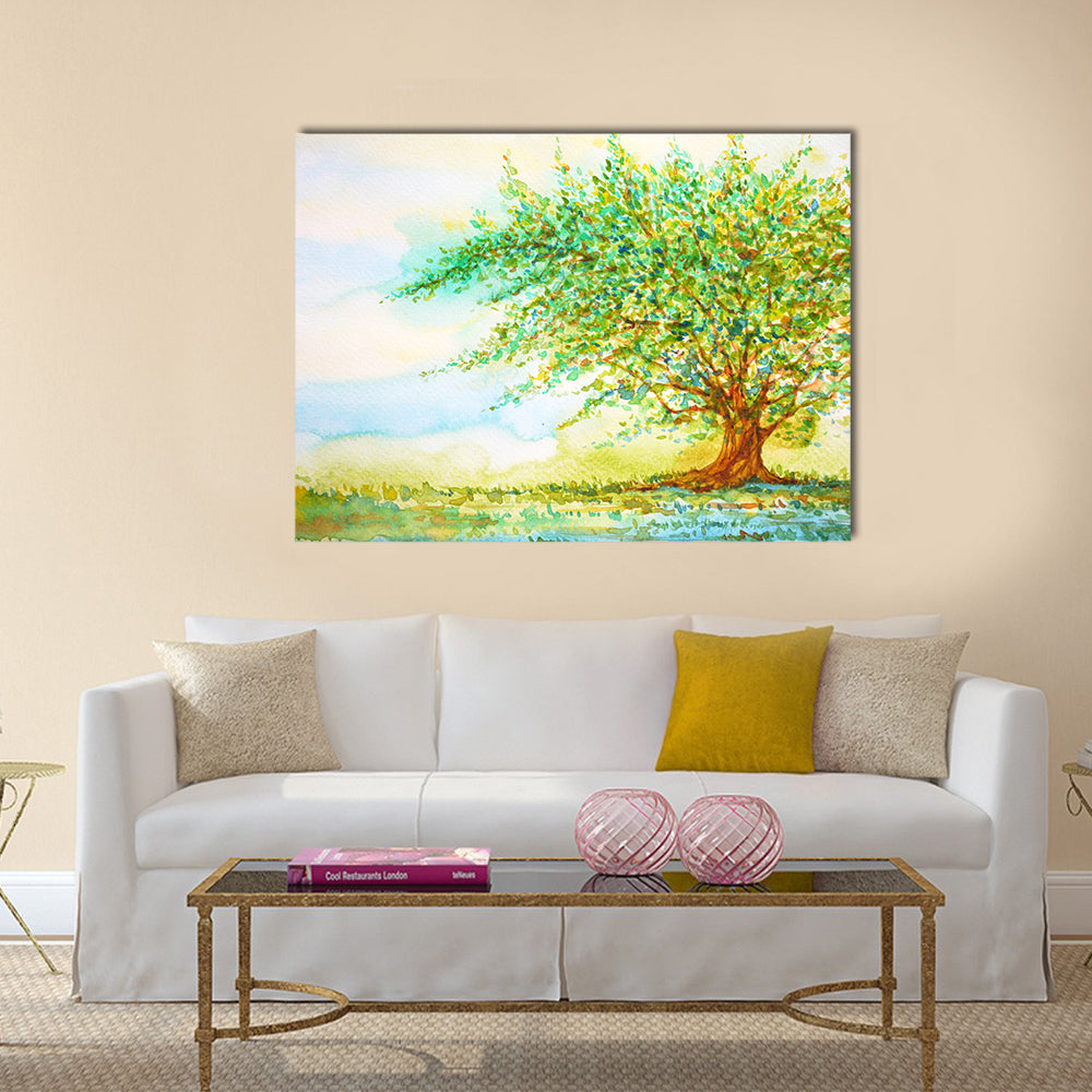 Big Tree In Grass Field Canvas Wall Art