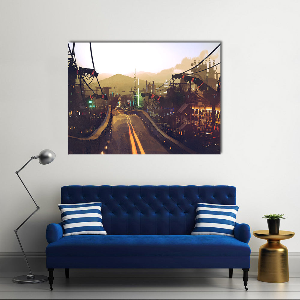 Futuristic Highway at Dusk Canvas Wall Art