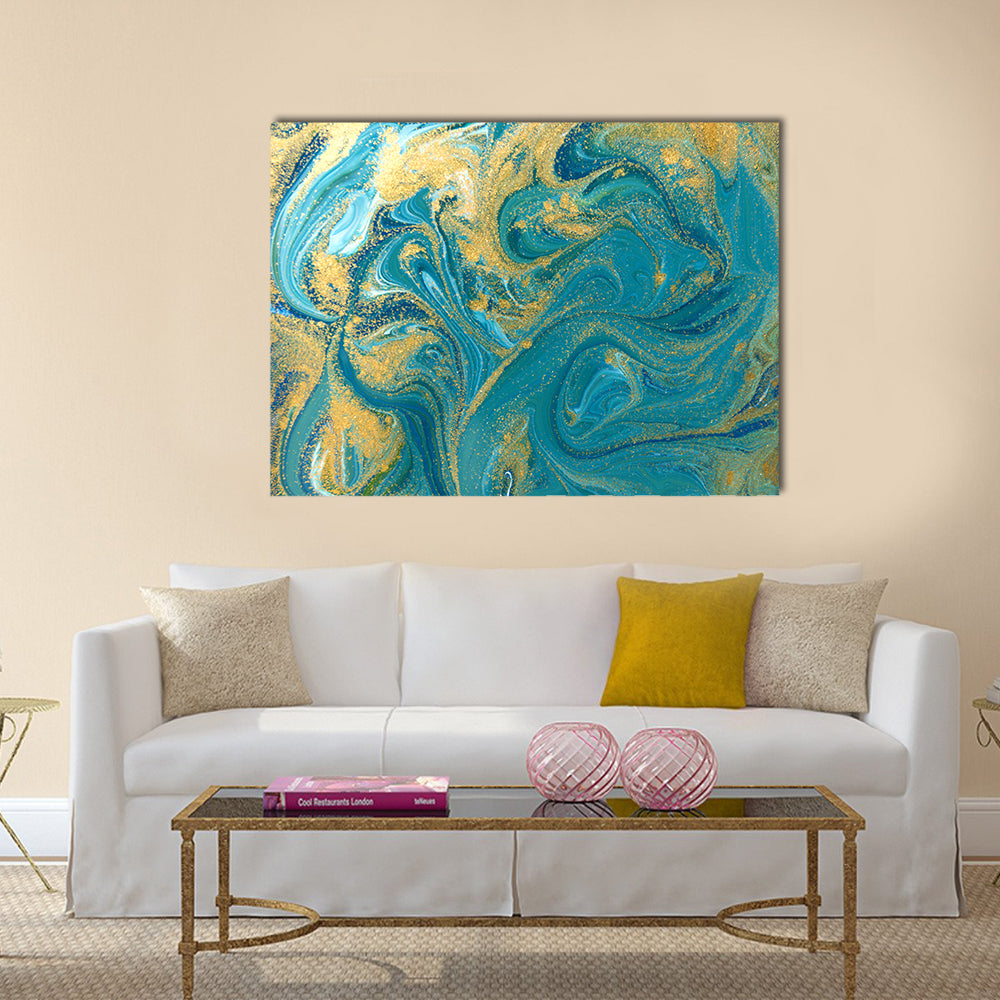 Teal Ink Marble with Gold Veins Canvas Wall Art in gold and blue, single panel hung on a wall