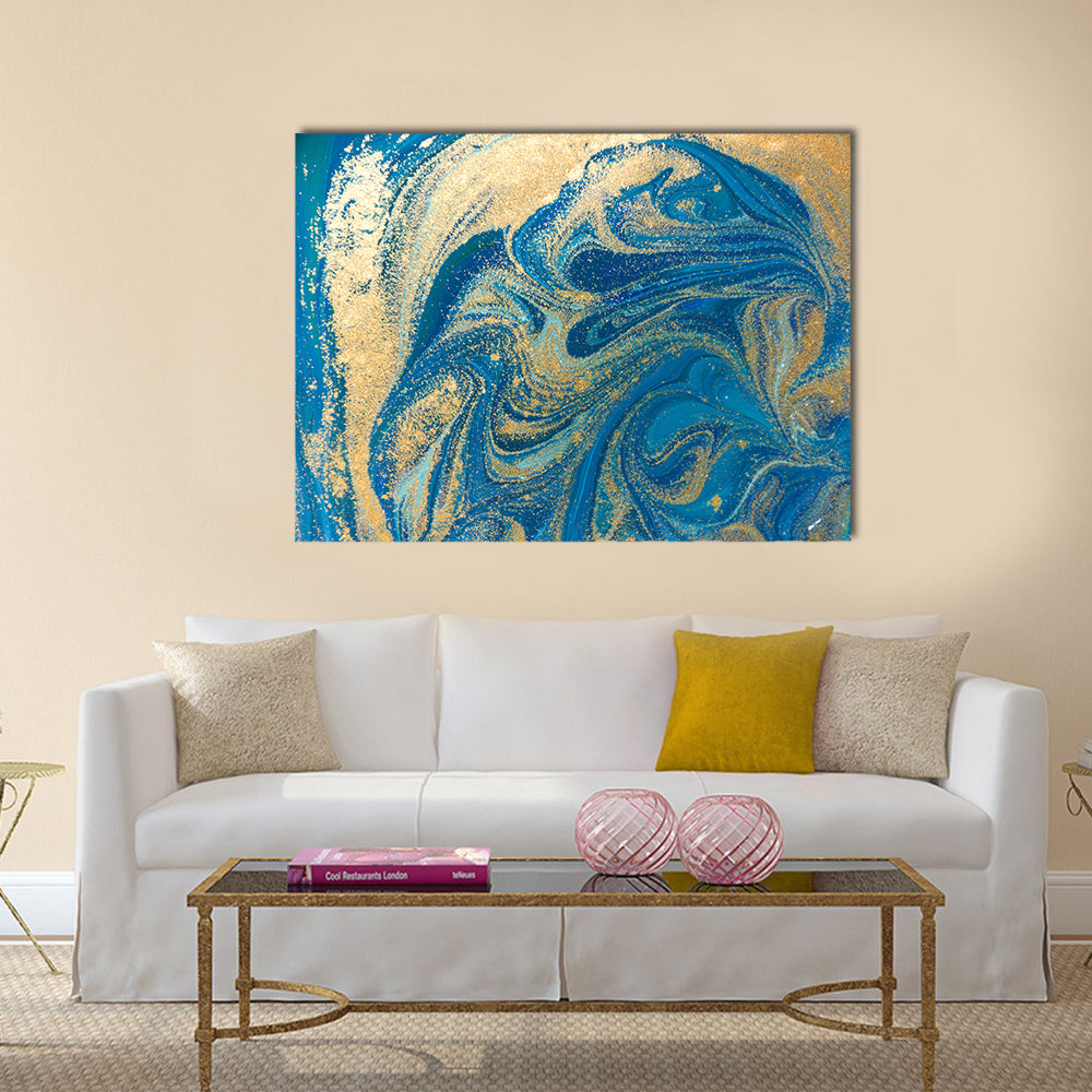 Hand Drawn Blue and Gold Marbling Canvas Wall Art in gold and blue, single panel hung on a wall