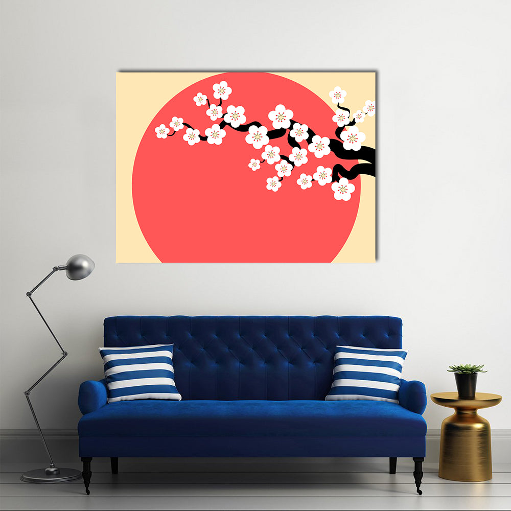 Minimalist Cherry Blossom with Red Sun Canvas Wall Art in black, beige and red, single panel hung on a wall
