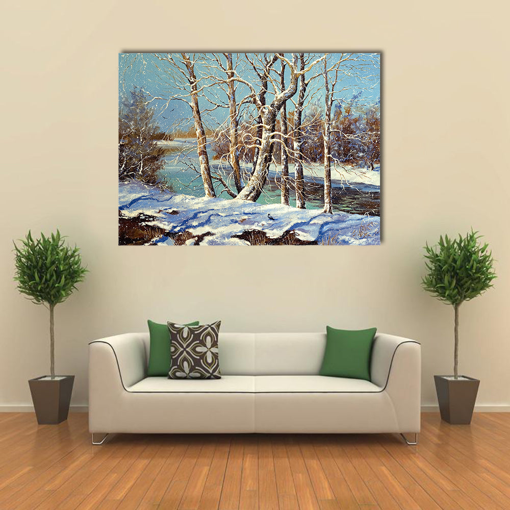 Winter River with Snowy Bank Canvas Wall Art in white, brown and blue, single panel hung on a wall
