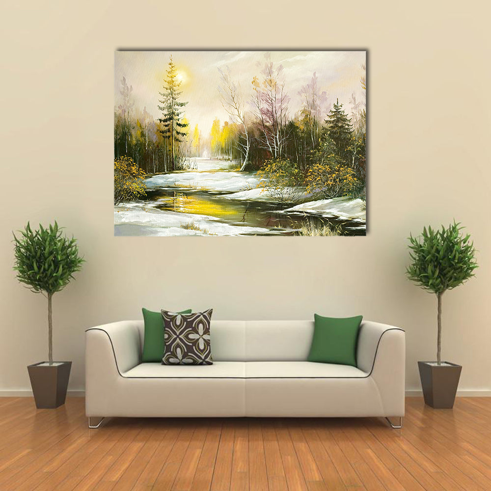 Winter Riverbank with Golden Light Canvas Wall Art