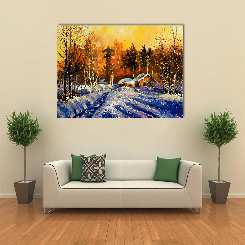 Evening In Winter Village Canvas Wall Art