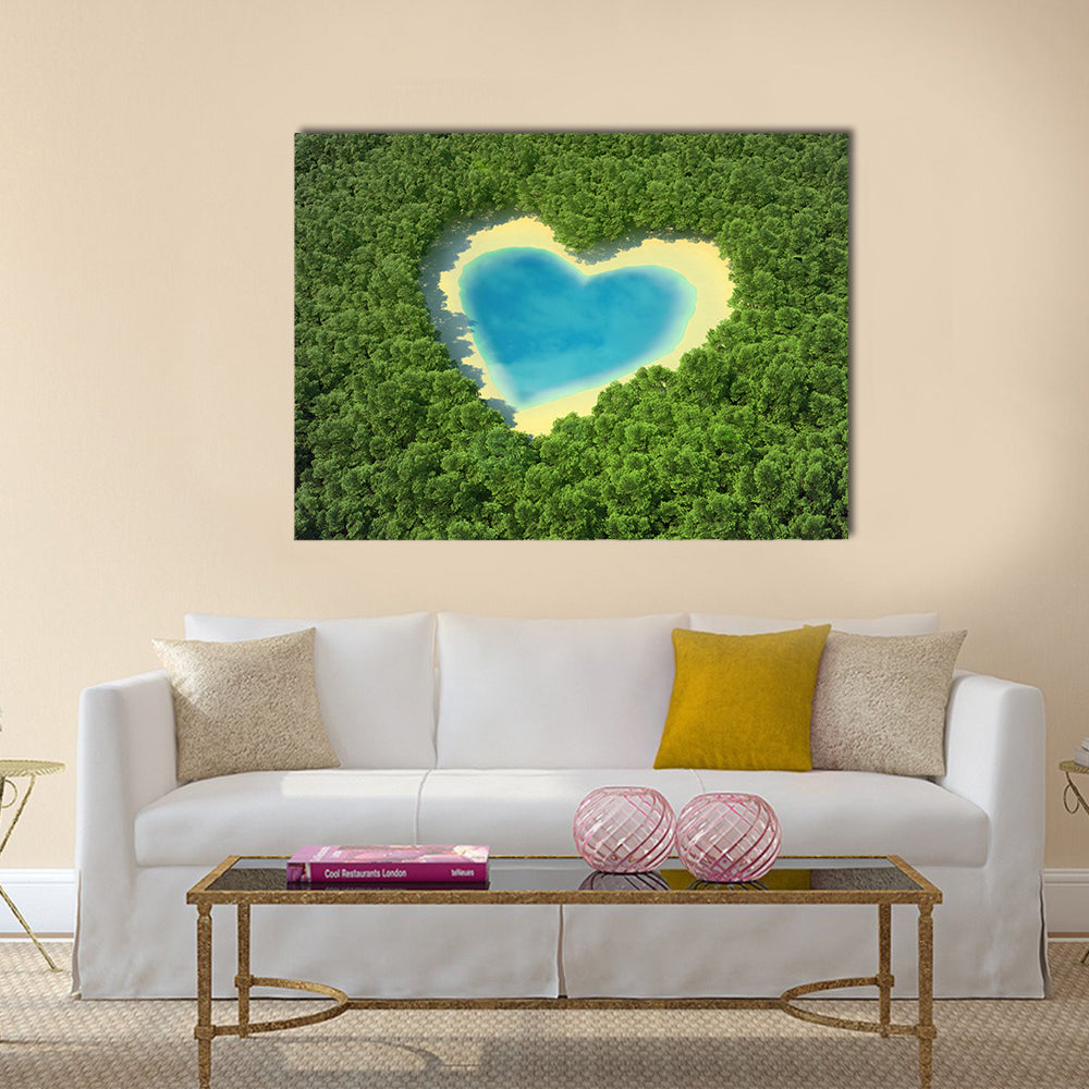 Heart Shaped Pond In A Tropical Forest Canvas Wall Art in green and blue, single panel hung on a wall