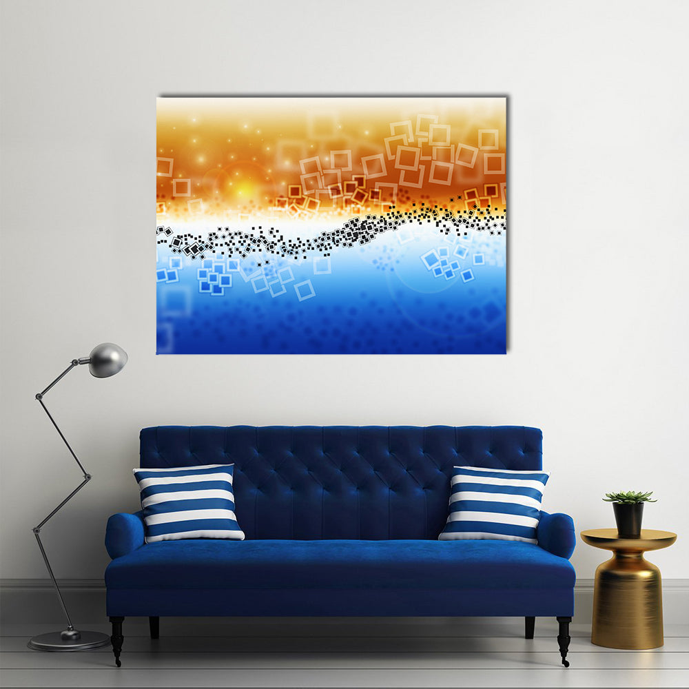 Data Transfer Abstract Landscape Canvas Wall Art in white, orange and blue, framed canvas, product view on a white background