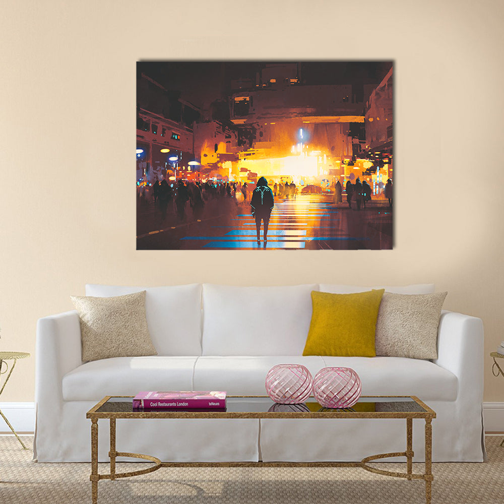 Lone Hooded Figure in Neon City Canvas Wall Art in black, orange and yellow, single panel hung on a wall