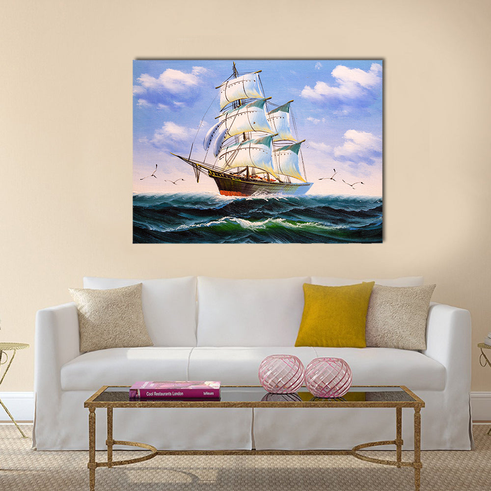 Three-masted Sailing Ship at Sea Canvas Wall Art