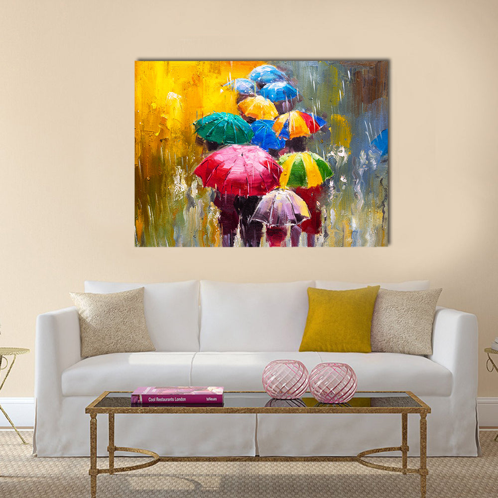 Rainy Street with Colorful Umbrellas Canvas Wall Art in gray, yellow and multicolor, single panel hung on a wall