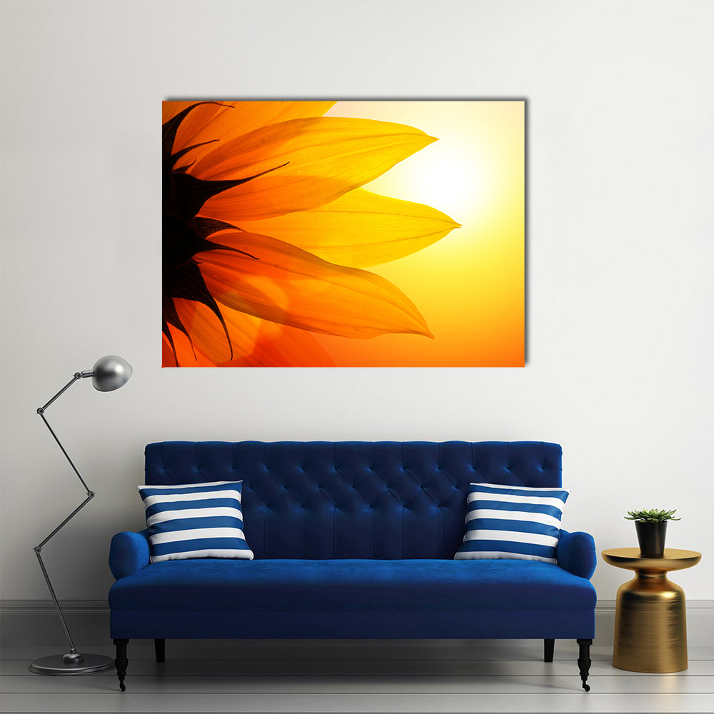 Yellow Sunflower Petals At Sunset Canvas Wall Art in orange and yellow, single panel hung on a wall