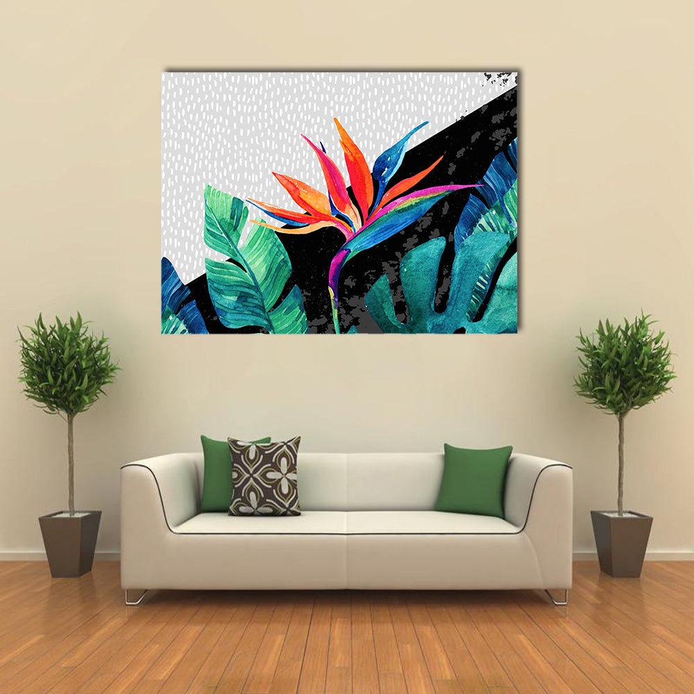 Tropical Minimalist Bird of Paradise and Monstera Canvas Wall Art