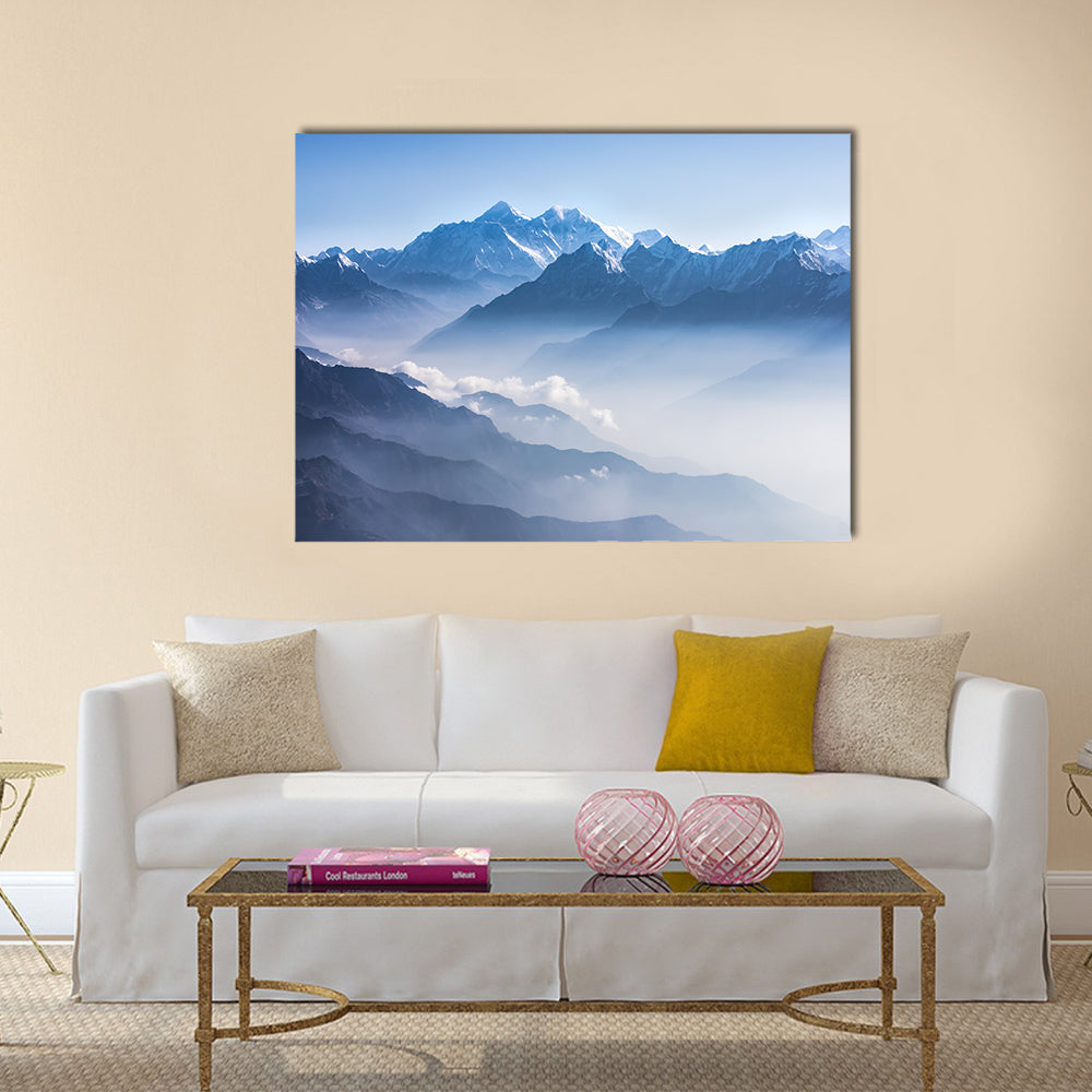 Daylight View of Mount Everest Canvas Wall Art in white, gray and blue, single panel hung on a wall