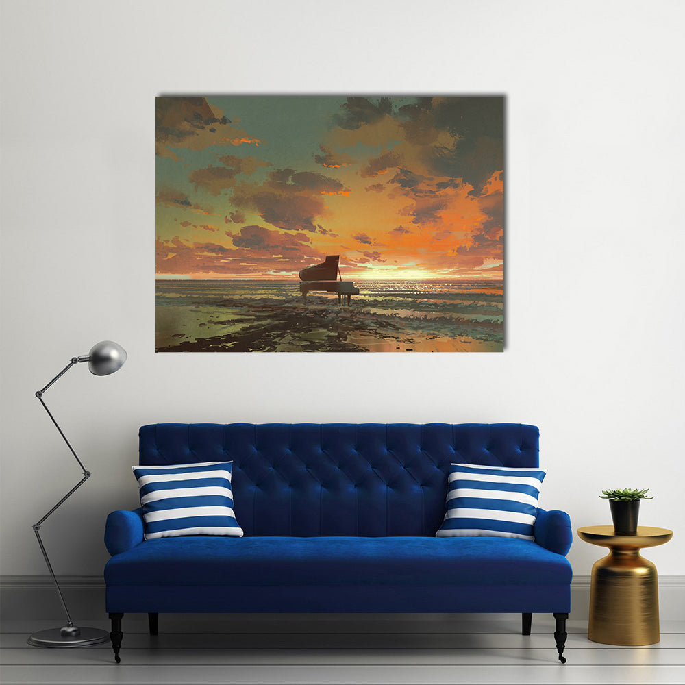 Surreal Piano on Sunset Beach Canvas Wall Art in orange, yellow and blue, single panel hung on a wall