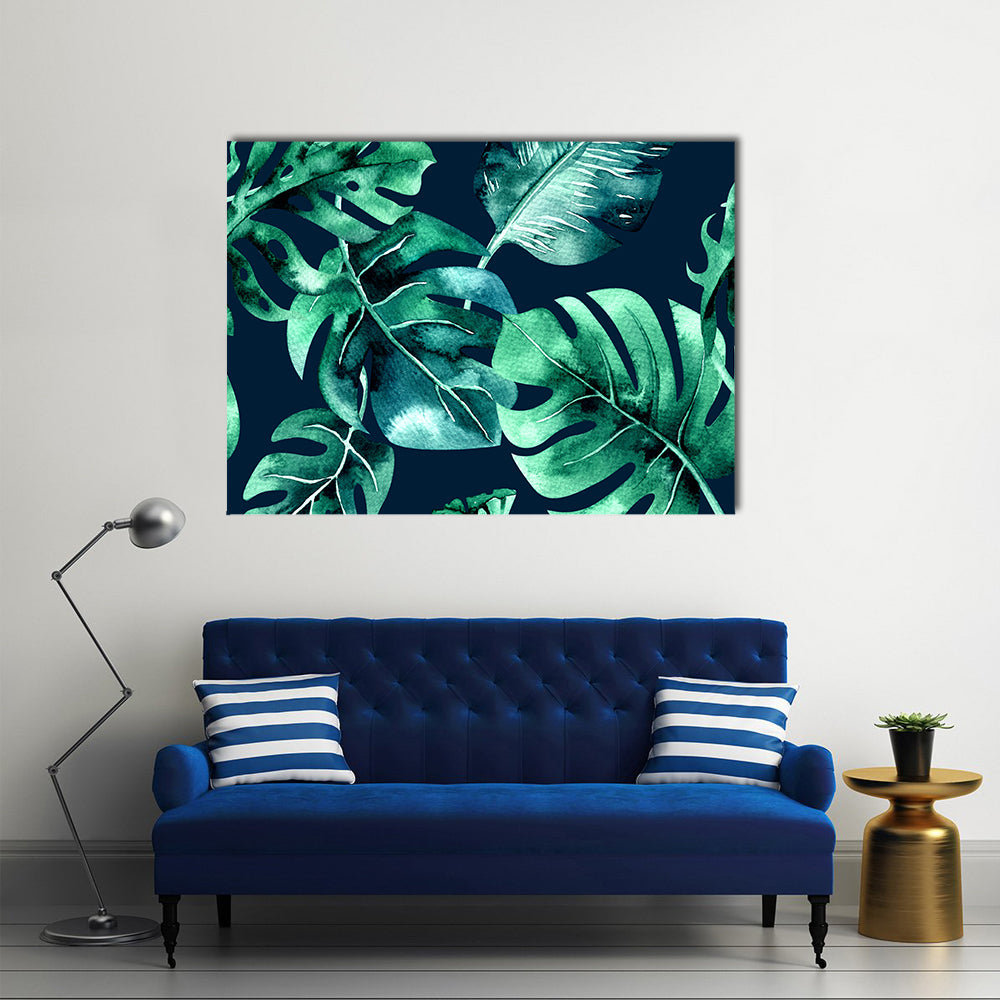 Dense Tropical Leaf Pattern Canvas Wall Art in black, green and navy, single panel hung on a wall
