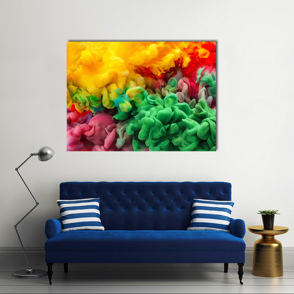 Colorful Acrylic Ink Canvas Wall Art in yellow, green and multicolor, single panel hung on a wall