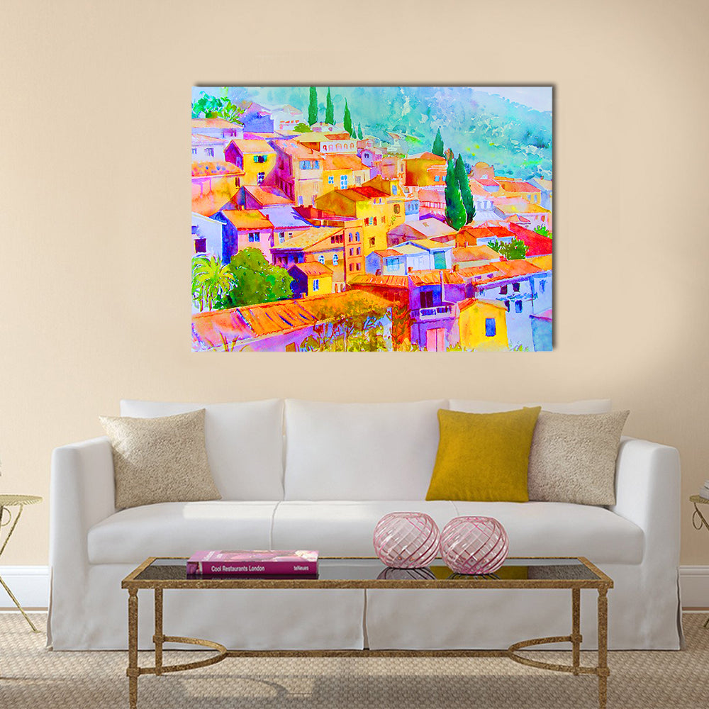 Colorful Mediterranean Hillside Village Canvas Wall Art in orange, yellow and multicolor, single panel hung on a wall