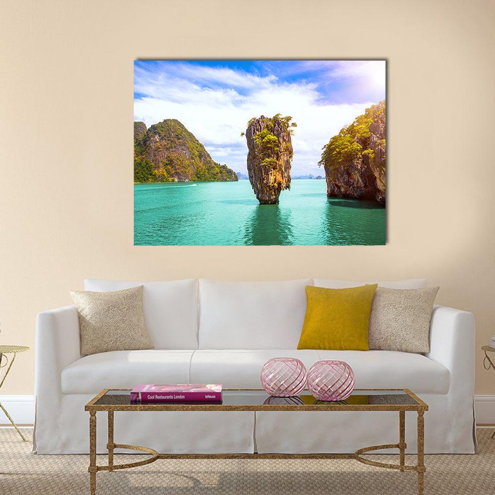 James Bond Island In Phang Nga Bay Phuket Thailand Canvas Wall Art in brown, green and blue, single panel hung on a wall