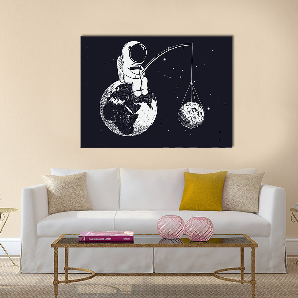 Little Astronaut Sitting on Earth Canvas Wall Art in black and white, single panel hung on a wall