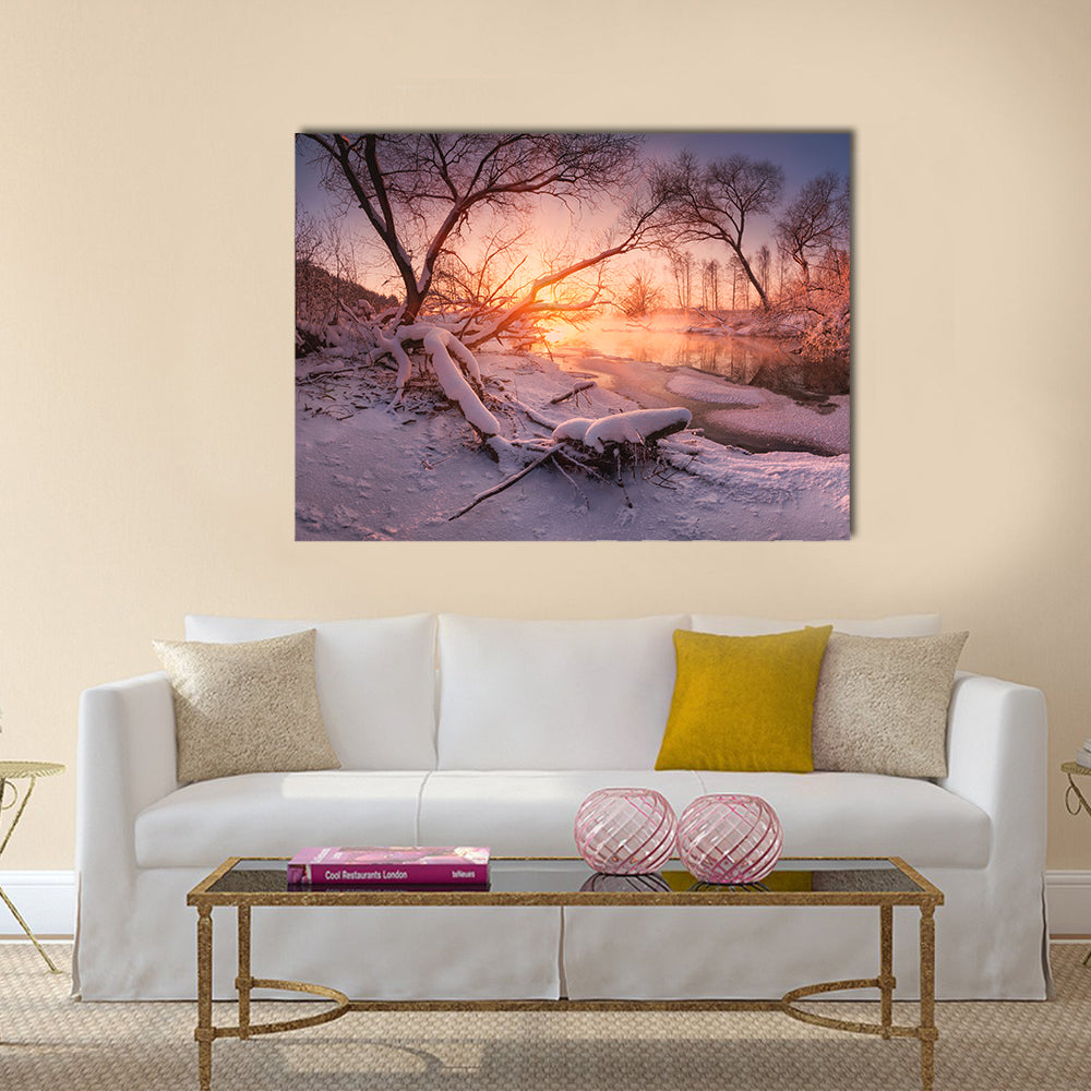 Frozen River at Sunset Canvas Wall Art in white, orange and purple, single panel hung on a wall
