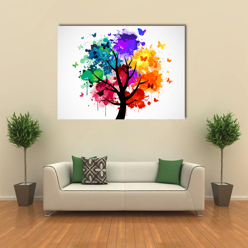 Colorful Butterflies On Tree Canvas Wall Art
