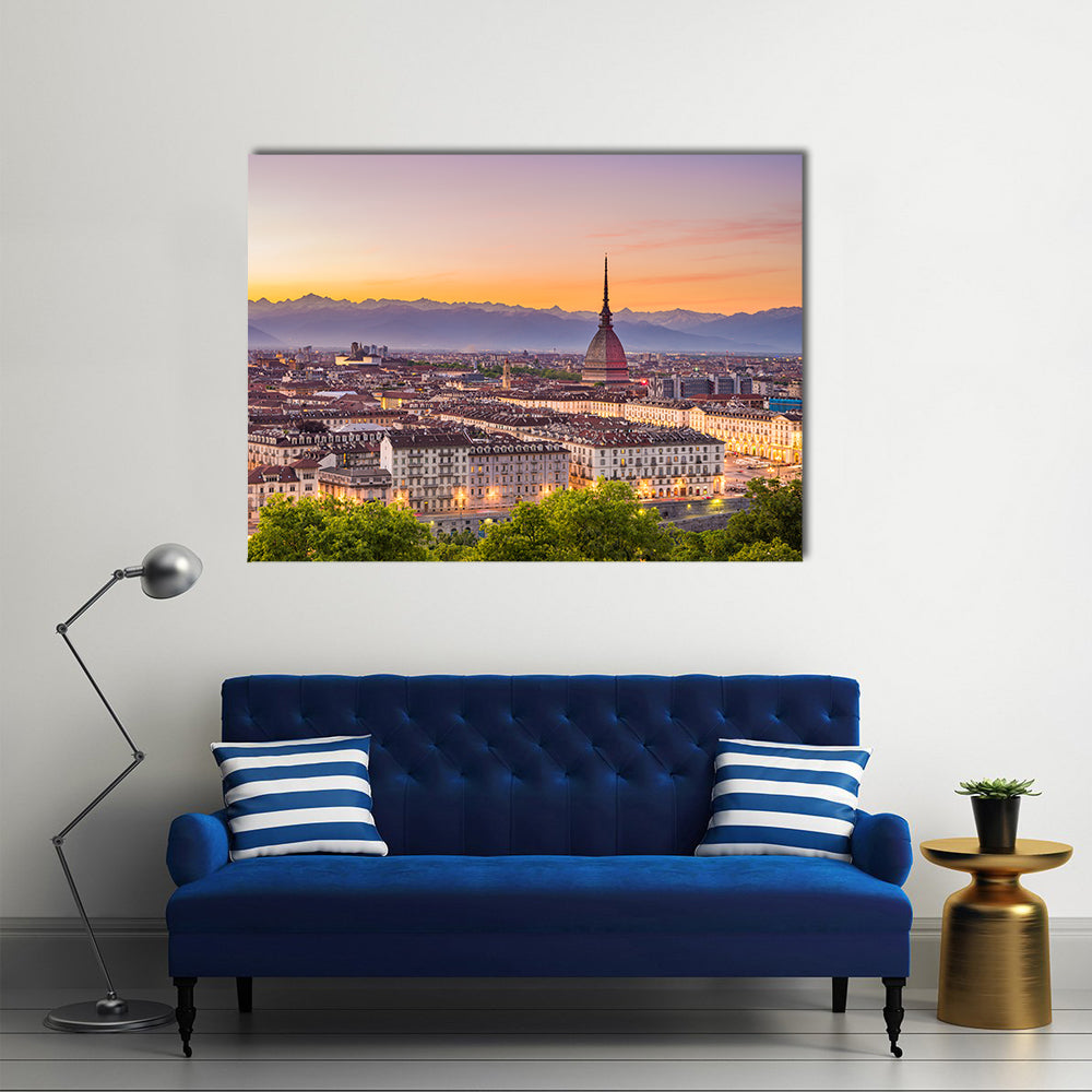 Torino Cityscape In Turin Italy Canvas Wall Art in gray, orange and blue, single panel hung on a wall