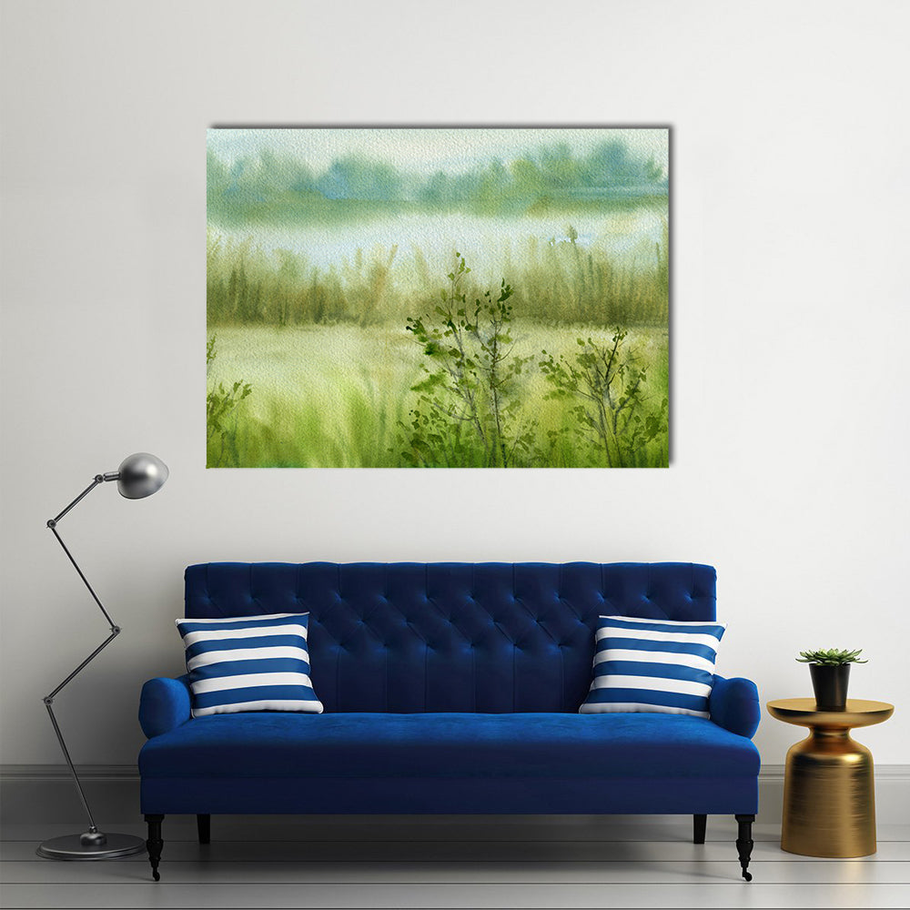 Misty River Meadow Canvas Wall Art in beige, green and blue, single panel hung on a wall