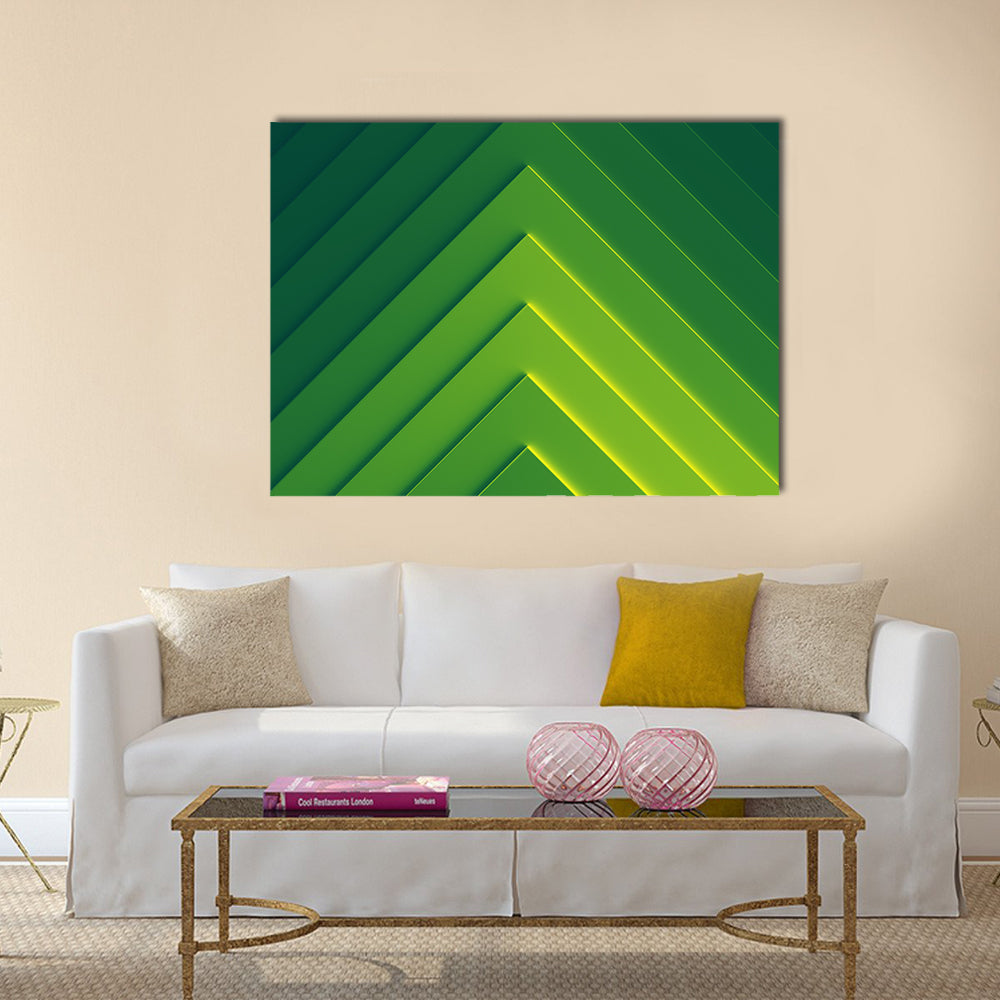 Layered Green Geometric Chevron Abstract Canvas Wall Art in yellow and green, single panel hung on a wall