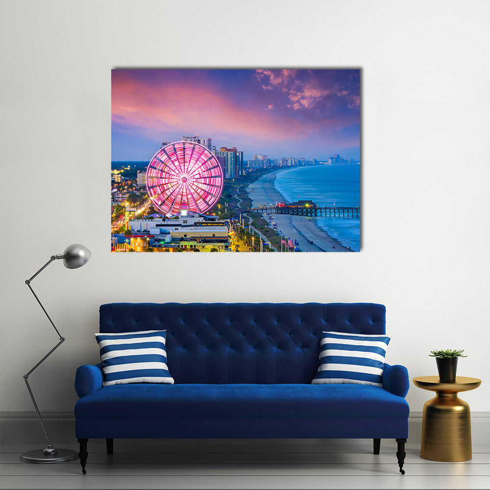 Myrtle Beach Sunset Ferris Wheel Canvas Wall Art in blue, purple and pink, single panel hung on a wall