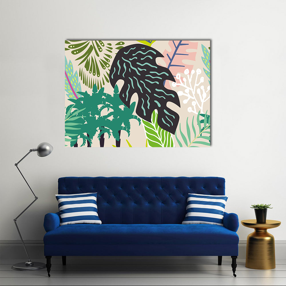 Abstract Palm Leaves Collage Canvas Wall Art in black, beige and green, single panel hung on a wall