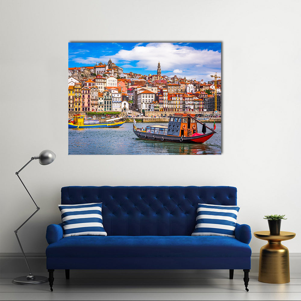 Porto Across the Douro River Canvas Wall Art in brown, orange and blue, single panel hung on a wall