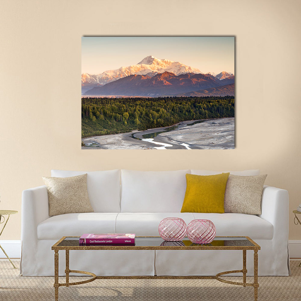 Denali Range And Mt McKinley In Alaska Canvas Wall Art in white, brown and green, single panel hung on a wall