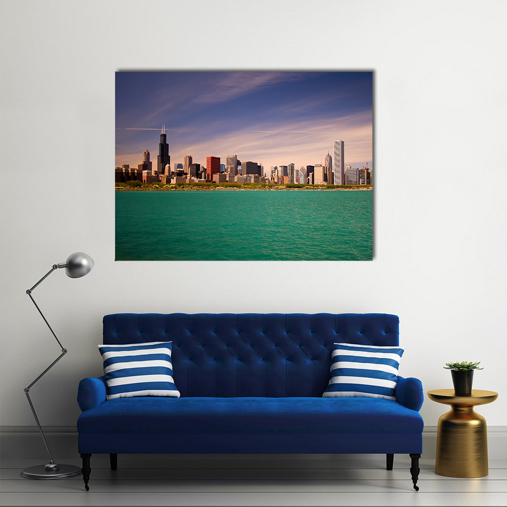 Chicago Skyline Over Lake Michigan Canvas Wall Art in green, blue and purple, single panel hung on a wall