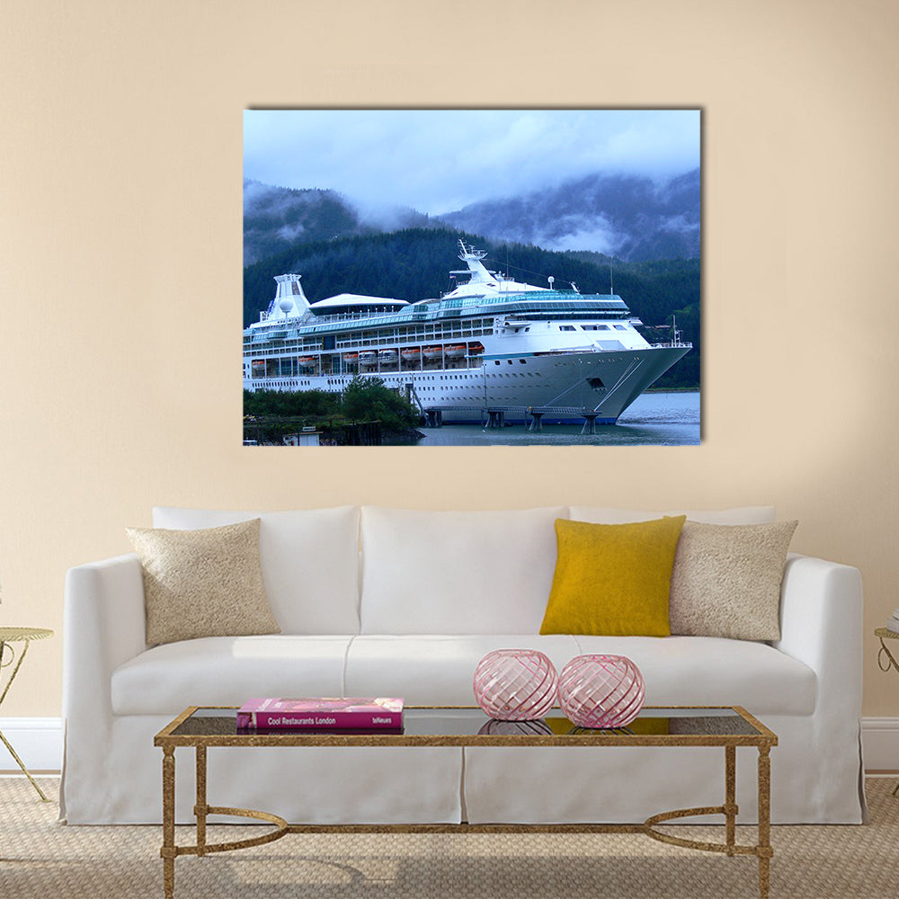 Cruise Ship in Alaska Canvas Wall Art in white, green and blue, single panel hung on a wall