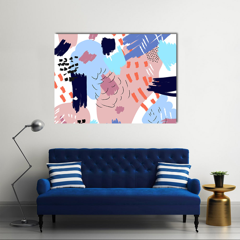 Memphis Style Abstract Collage Canvas Wall Art in blue, pink and multicolor, single panel hung on a wall