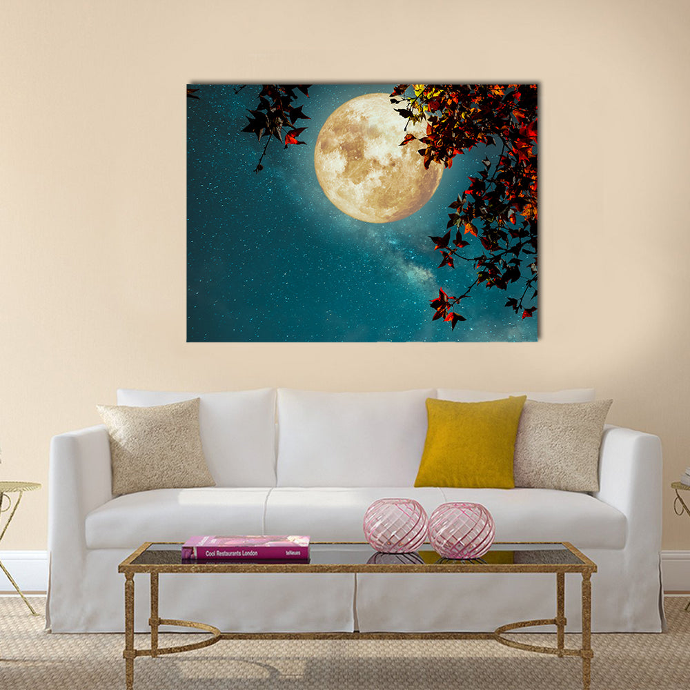 Maple Tree Under Full Moon with Milky Way Canvas Wall Art in black, yellow and blue, single panel hung on a wall