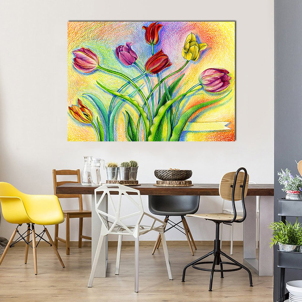Multicolor Pencil Tulip Bouquet Canvas Wall Art in yellow, green and multicolor, single panel hung on a wall