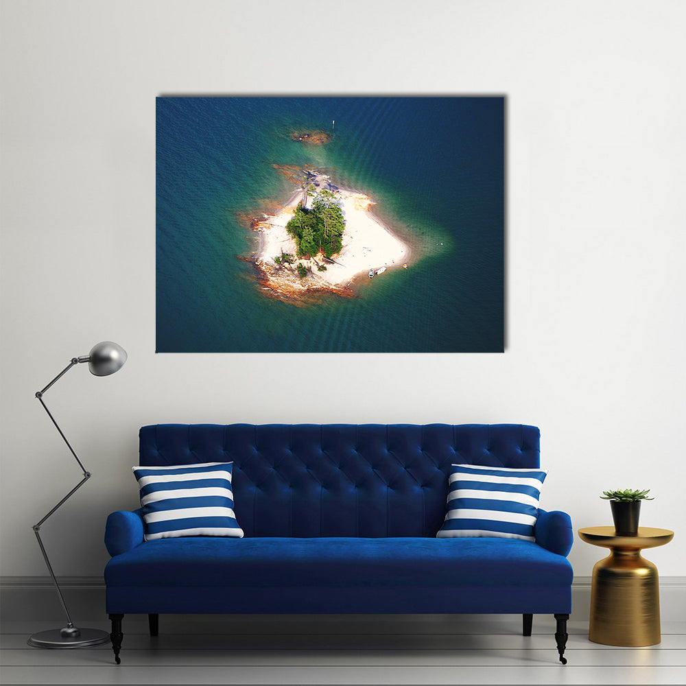 Island on Lake Lanier, Georgia Canvas Wall Art in beige, green and blue, single panel hung on a wall