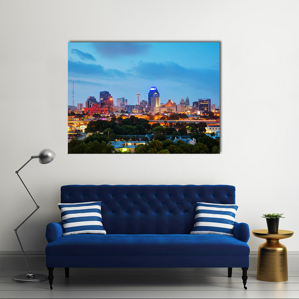 San Antonio Evening Cityscape In Texas Canvas Wall Art in orange, yellow and blue, single panel hung on a wall