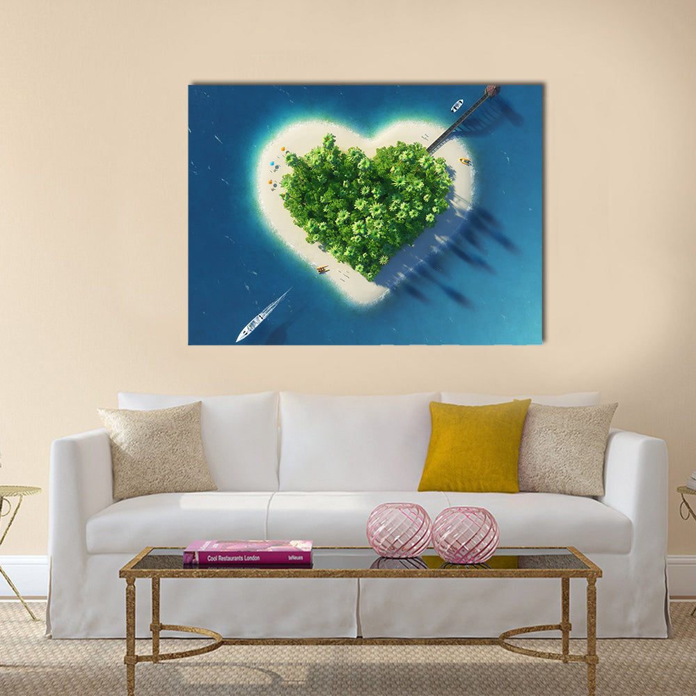 Heart-shaped Tropical Island Aerial View Canvas Wall Art in white, green and blue, single panel hung on a wall