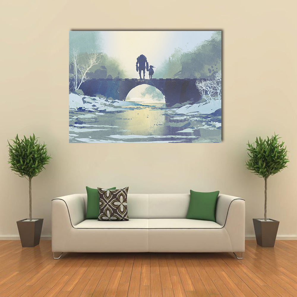 Robot and Child on Snowy Bridge Canvas Wall Art