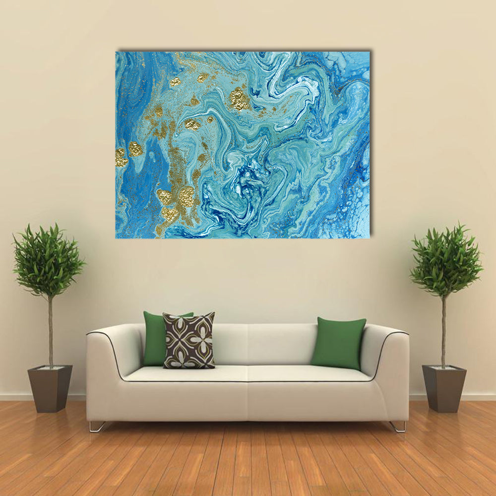 Liquid Marble Pattern Canvas Wall Art in white, gold and blue, single panel hung on a wall