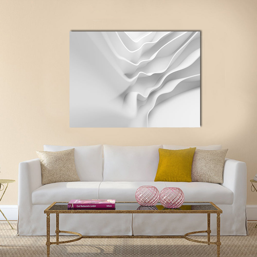 White Architectural Abstract with Layered Forms Canvas Wall Art in white and gray, single panel hung on a wall