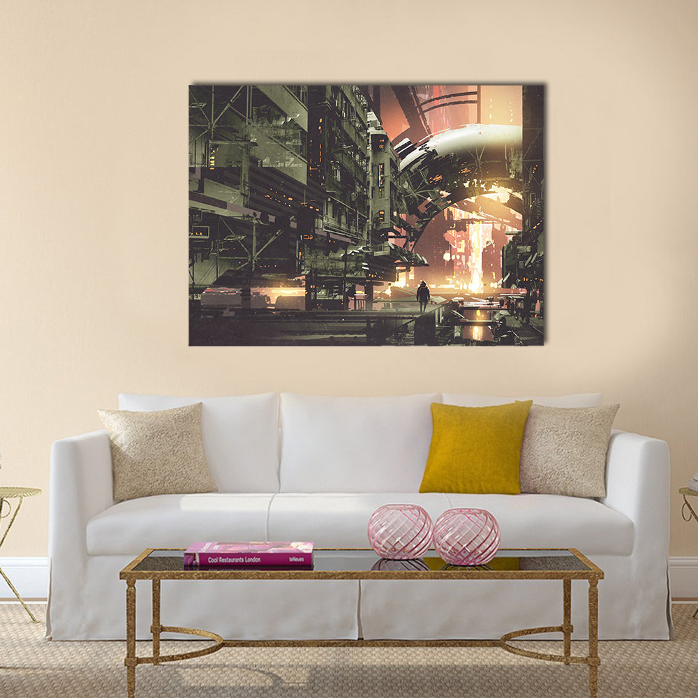 Cyberpunk Cityscape at Twilight Canvas Wall Art in black, brown and orange, single panel hung on a wall