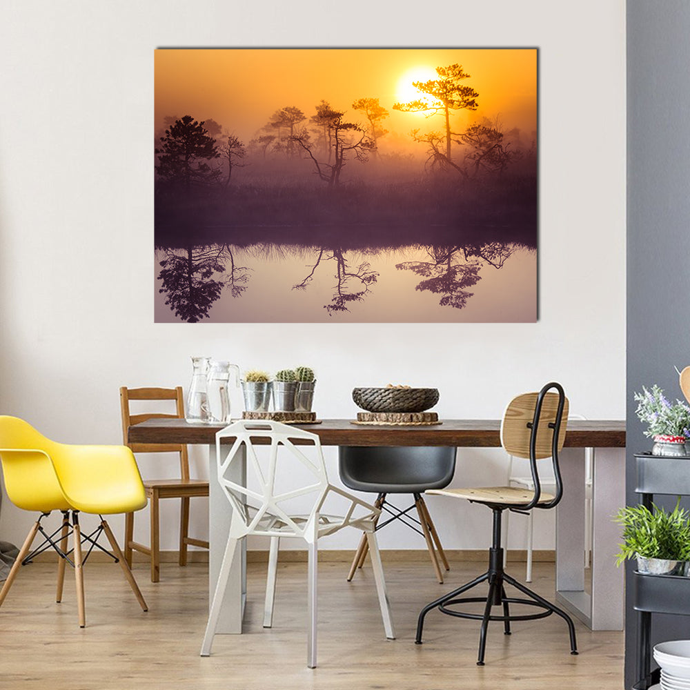 Sun Rising Above Misty Lake Canvas Wall Art