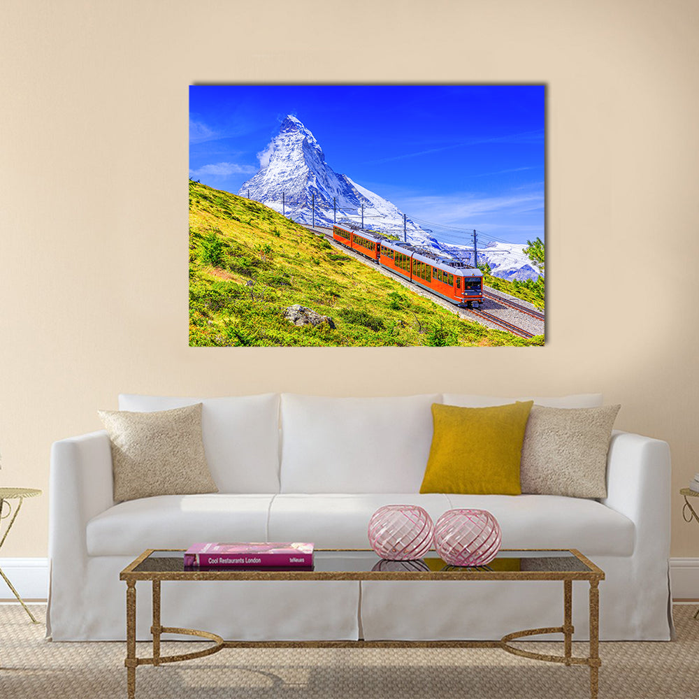 Gornergrat Tourist Train In Zermatt Switzerland Canvas Wall Art in white, green and blue, single panel hung on a wall