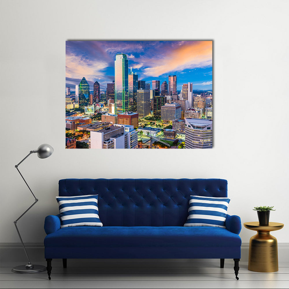 Dallas Skyline at Twilight Canvas Wall Art in orange, blue and purple, single panel hung on a wall